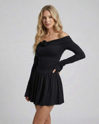 Luna Mini Dress by Lauven featuring off-shoulder floral detail and flattering fit, perfect for evening wear.