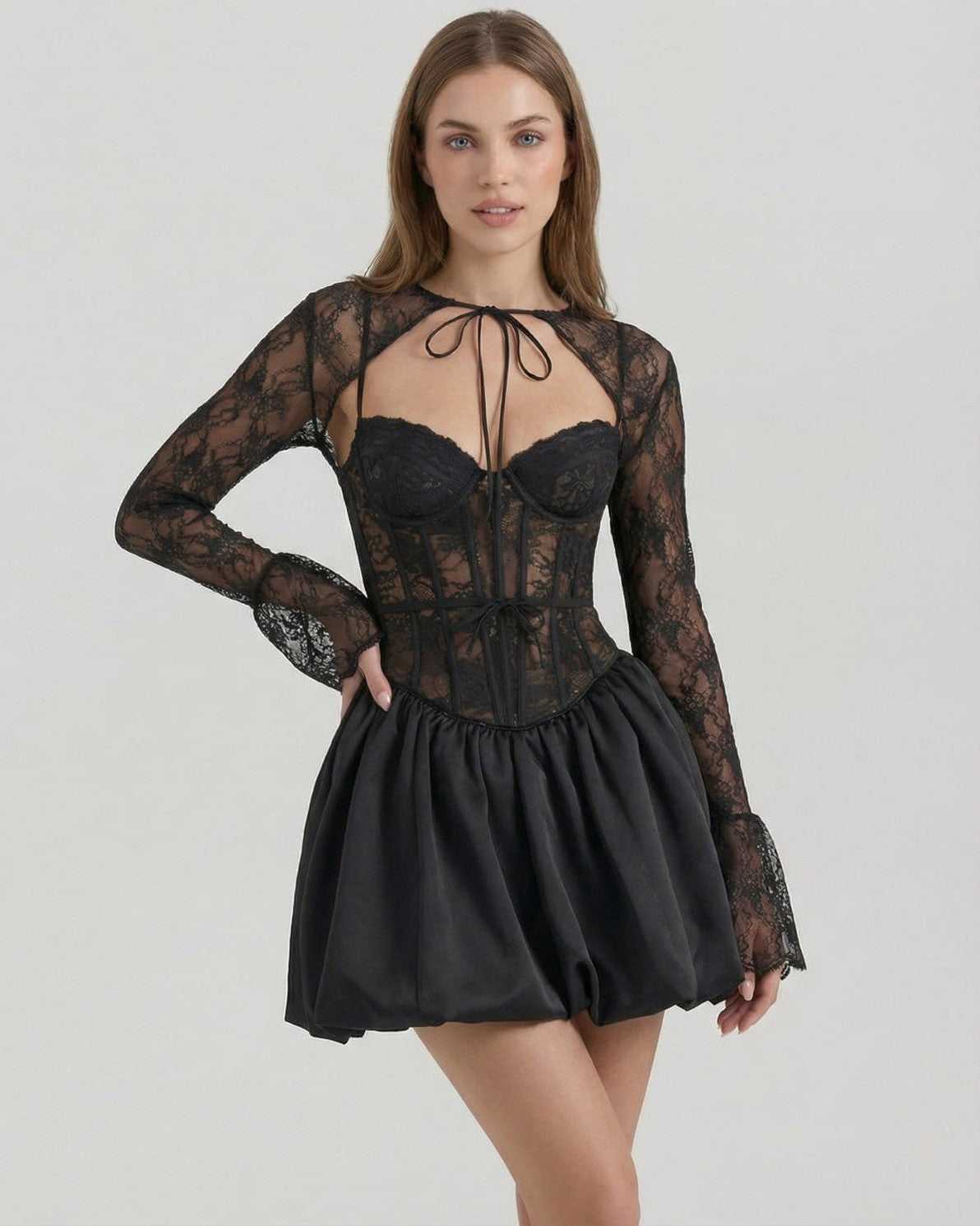 Lauven Luna Mini Dress featuring sheer lace bodice and satin bubble skirt for a stylish look.
