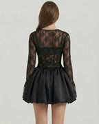 Luna Mini Dress by Lauven, showcasing sheer lace bodice and satin bubble skirt from the back.