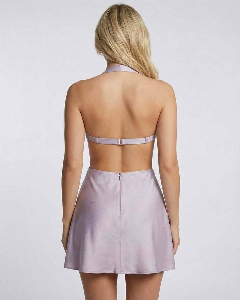 Back view of Luna Mini Dress by Lauven in soft lilac satin, featuring halter neck and cut-out detail.