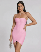 Luna Mini Dress by Lauven - Strapless pink sheath dress with structured bustier, perfect for evening events.