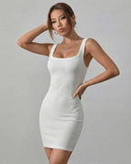 Lauven Luna Mini Dress in sleek white ribbed cotton blend, featuring a square neckline and fitted silhouette.