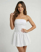 Luna Mini Dress by Lauven - Classic white strapless A-line silhouette, perfect for summer occasions.