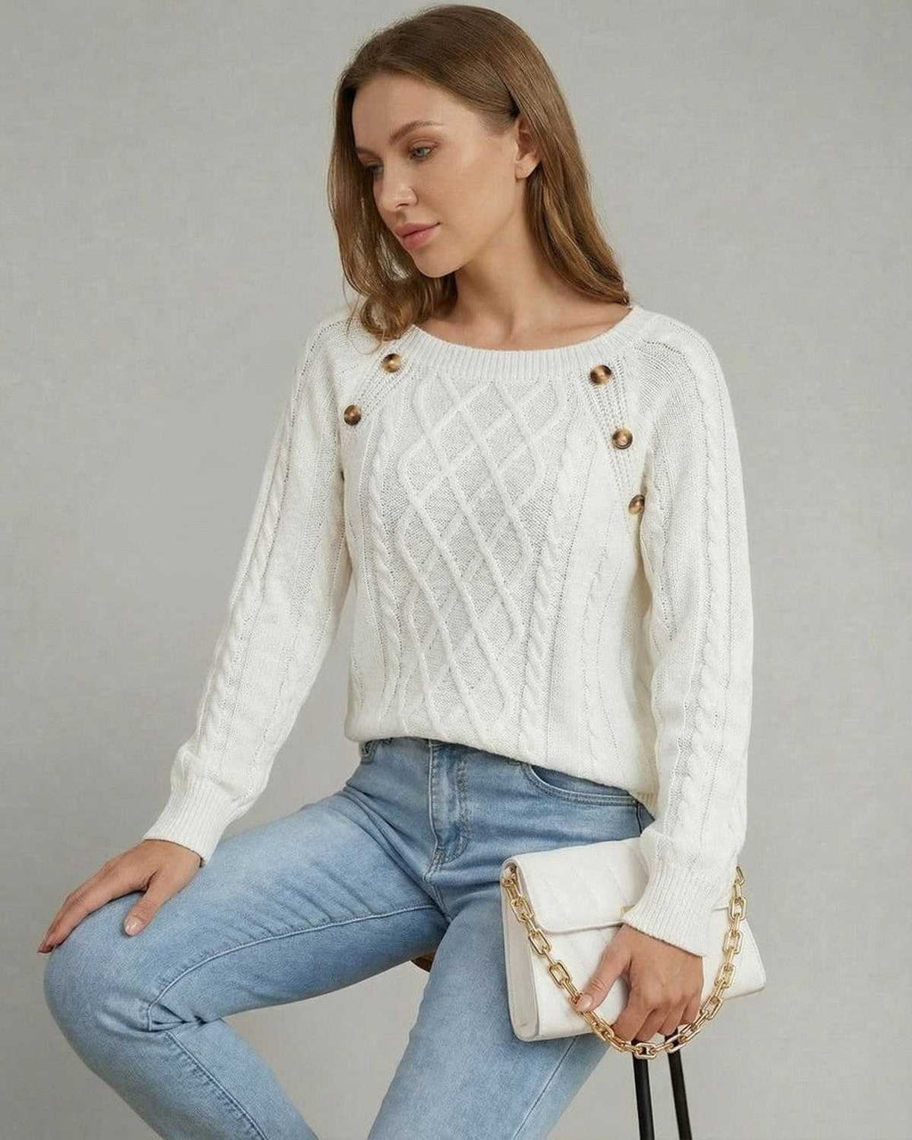 Luna Pullover by Lauven: Cable knit square collar sweater with stylish buttons, perfect for effortless layering.