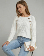 Luna Pullover by Lauven: Cable knit square collar sweater with stylish buttons, perfect for effortless layering.