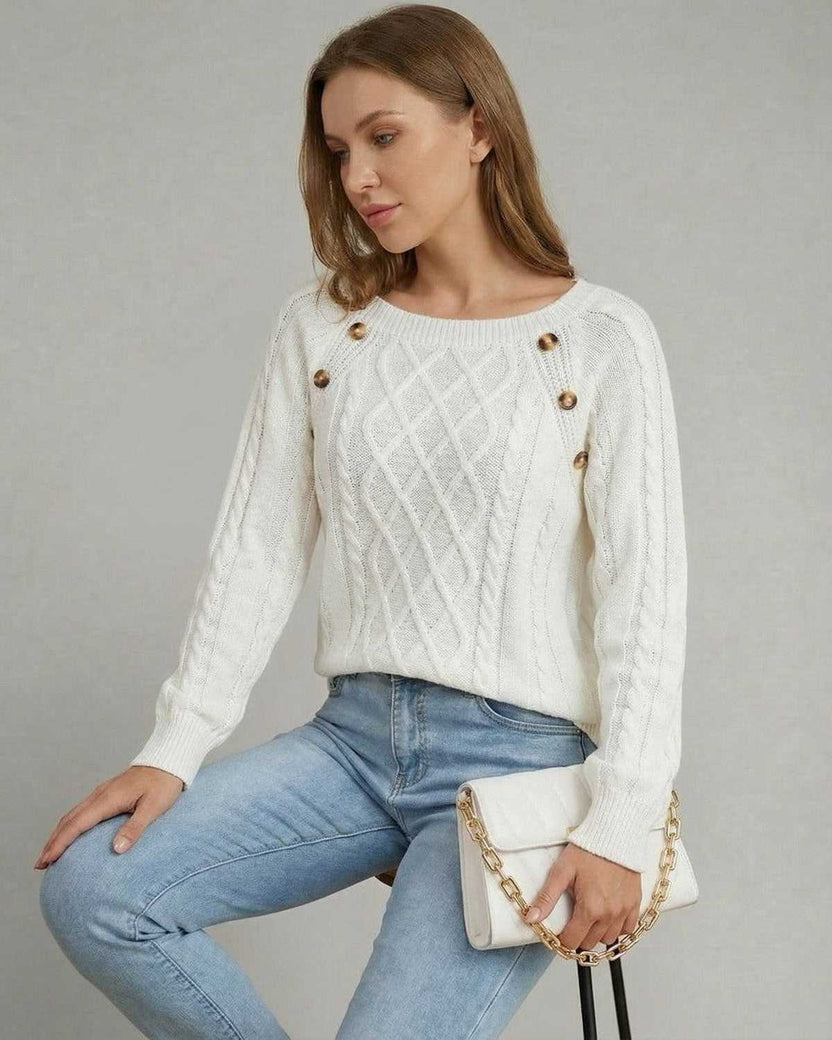 Luna Pullover by Lauven: Cable knit square collar sweater with stylish buttons, perfect for effortless layering.