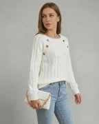 Luna Pullover by Lauven, a cable knit sweater with square collar and raglan sleeves, perfect for a relaxed yet polished look.