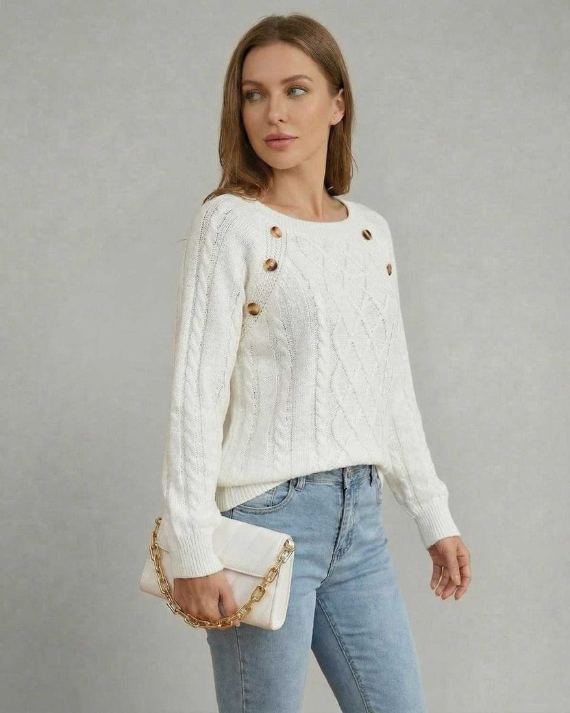 Luna Pullover by Lauven, a cable knit sweater with square collar and raglan sleeves, perfect for a relaxed yet polished look.