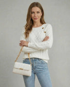 Luna Pullover by Lauven, a stylish cable knit sweater with a square collar, fashionable for everyday wear.