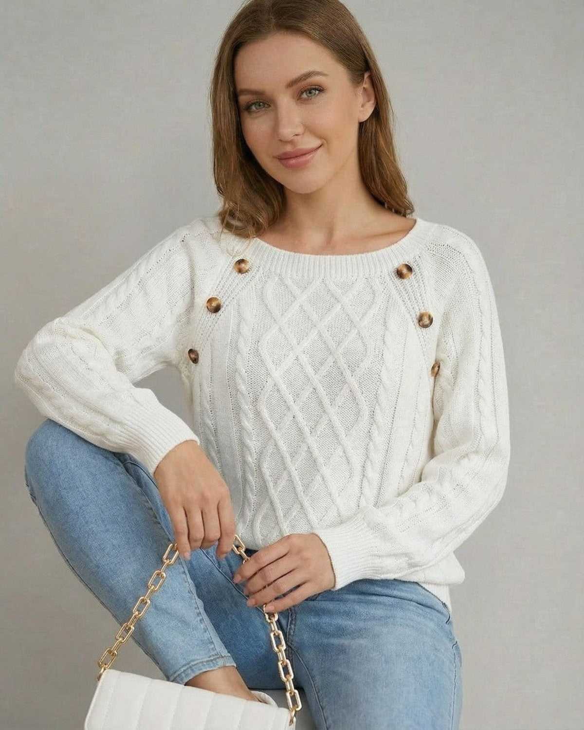 Luna Pullover by Lauven - Women's cable knit sweater with square collar and button details, perfect for casual wear.