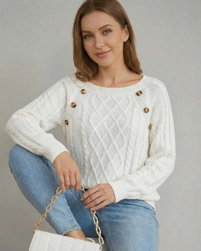 Luna Pullover by Lauven - Women's cable knit sweater with square collar and button details, perfect for casual wear.