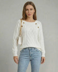 Luna Pullover by Lauven - Cable Knit Square Collar Sweater with Button Detail and Raglan Sleeves.