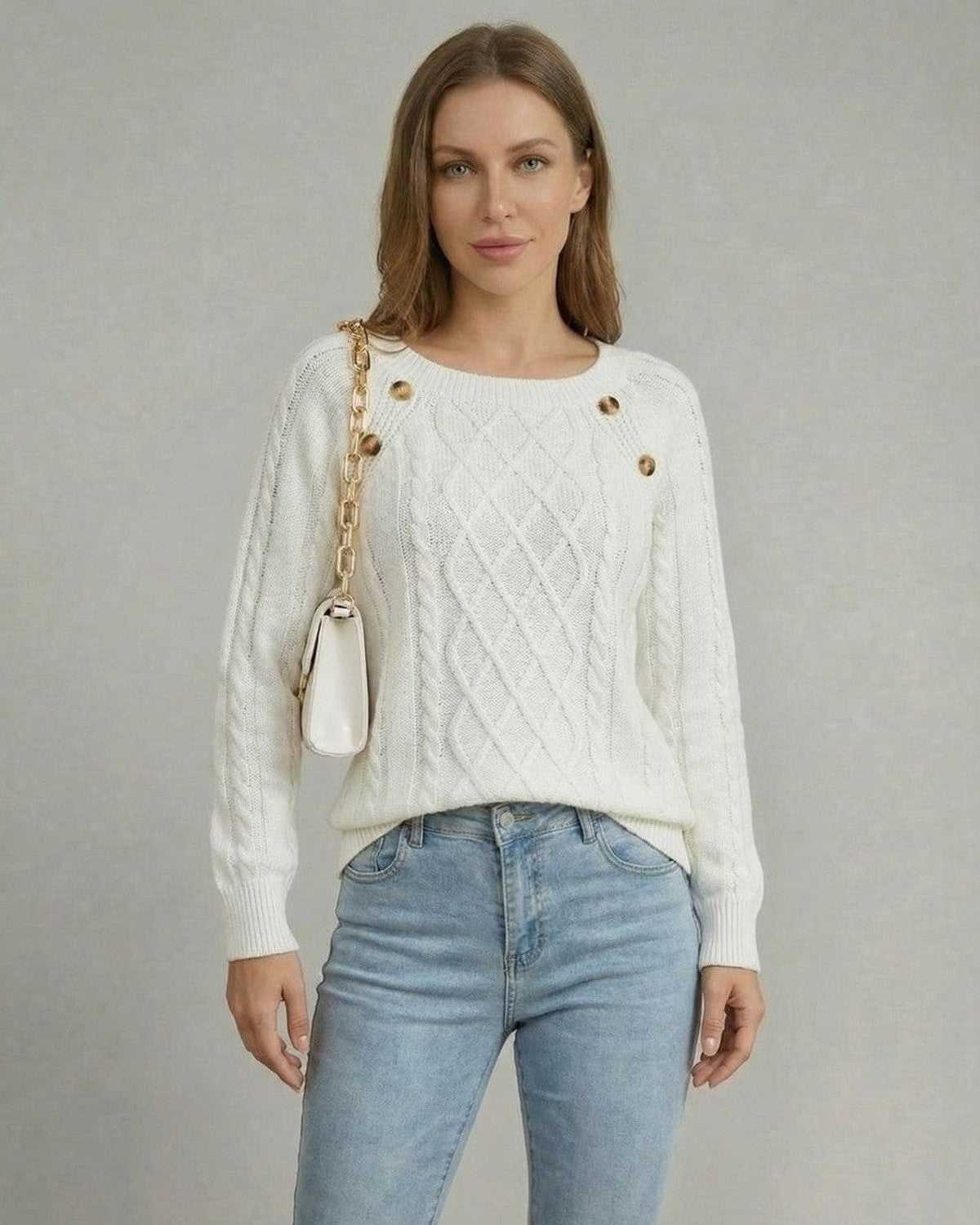 Luna Pullover by Lauven - Cable Knit Square Collar Sweater with Button Detail and Raglan Sleeves.