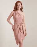 Lyra Mini Dress by Lauven - One-Shoulder Satin Bodycon in Pink with Asymmetrical Hem for sophisticated occasions.