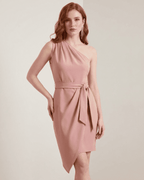 Lyra Mini Dress by Lauven - One-Shoulder Satin Bodycon in Pink with Asymmetrical Hem for sophisticated occasions.