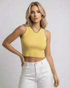 Marbella Top by Lauven, ribbed knit cropped sleeveless yellow top for women, perfect for warm-weather styling.