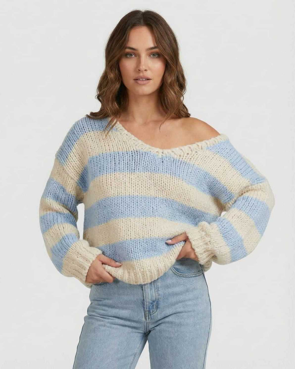 Marina Pullover by Lauven - Striped V-Neck Knit Sweater in Light Blue and Ivory, Relaxed Fit.