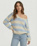 Marina Pullover by Lauven - Striped V-Neck Knit Sweater in Light Blue and Ivory with Relaxed Fit