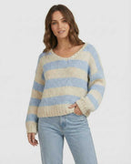 Marina Pullover by Lauven - Light blue and ivory striped V-neck knit sweater with a relaxed fit.