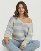 Marina Pullover by Lauven, a stylish striped V-neck knit sweater in light blue and ivory shades.
