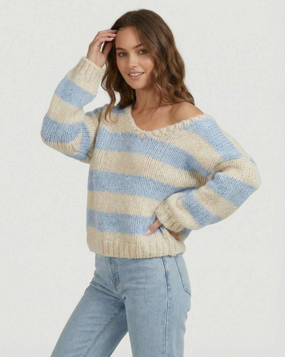 Marina Pullover by Lauven, women’s striped V-neck knit sweater in blue and ivory tones.