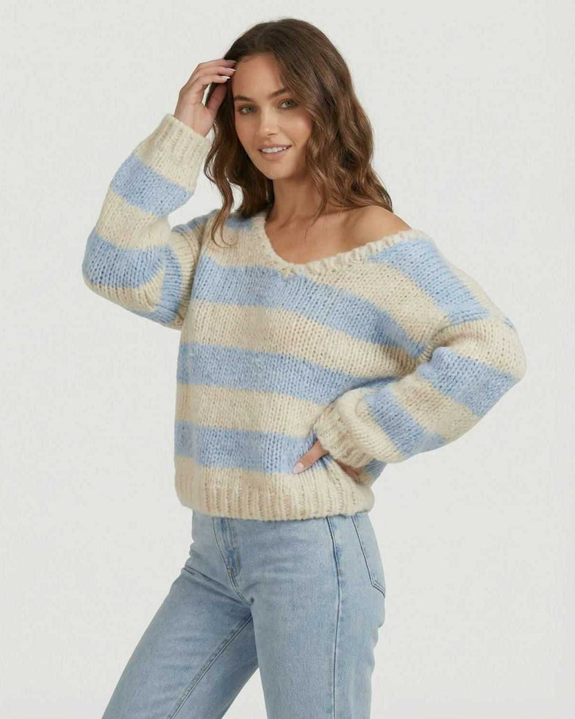 Marina Pullover by Lauven, women’s striped V-neck knit sweater in blue and ivory tones.