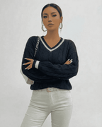 Marina Sweater by Lauven — stylish cable knit V-neck pullover in navy, perfect for an elevated casual look.