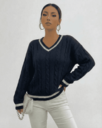 Marina Sweater by Lauven, navy cable knit V-neck pullover for women, perfect balance of style and comfort.