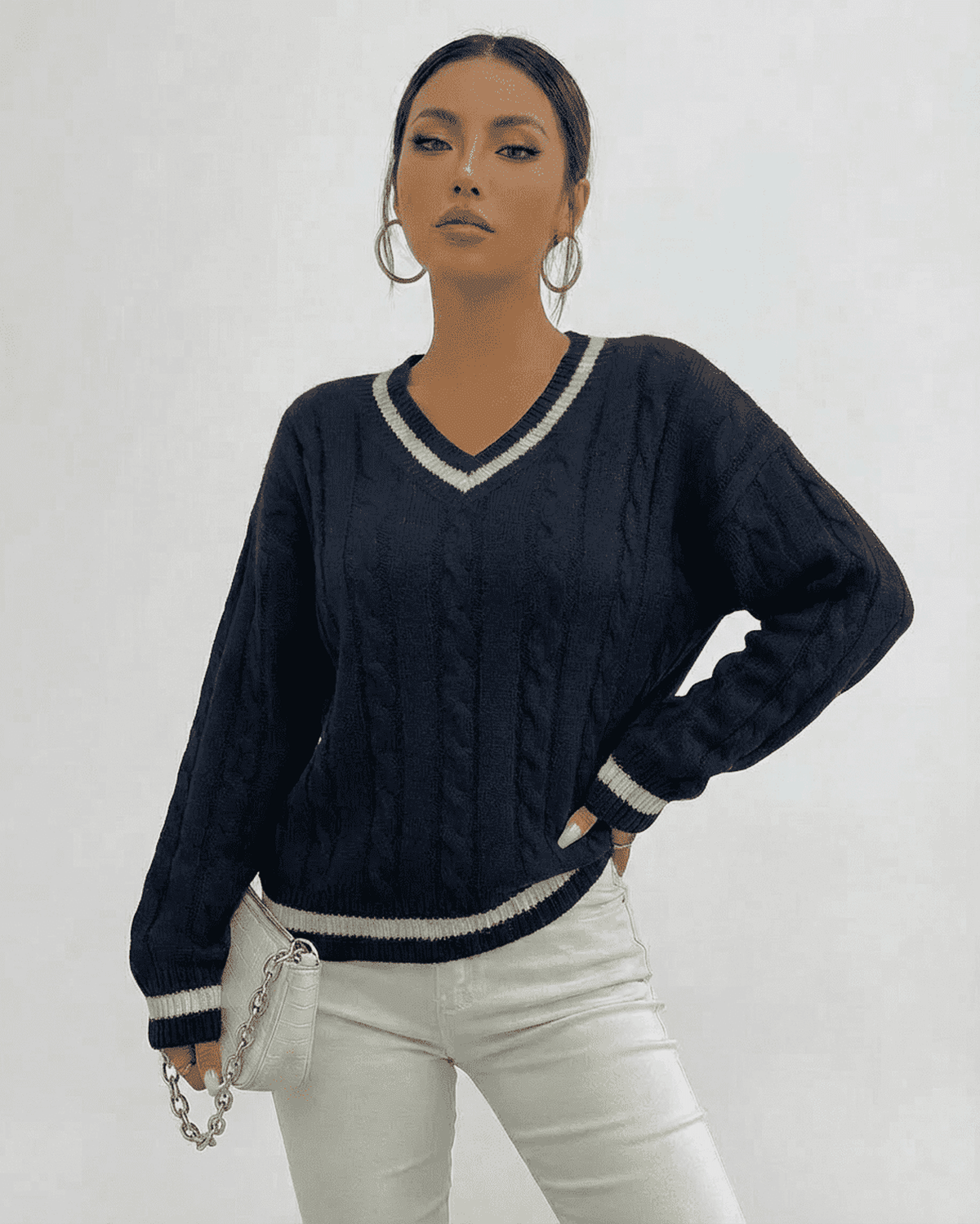 Marina Sweater by Lauven, navy cable knit V-neck pullover for women, perfect balance of style and comfort.