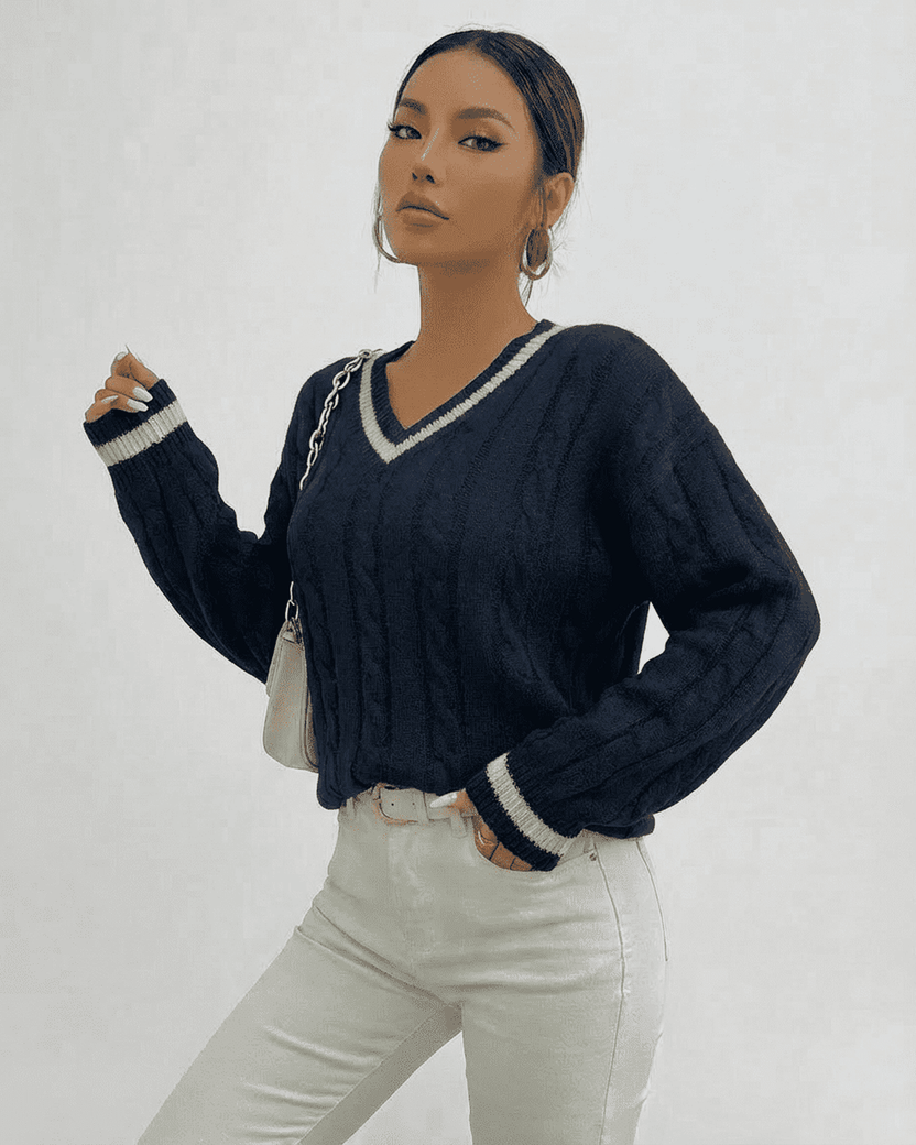Marina Sweater by Lauven, a stylish cable knit V-neck pullover in navy blue, perfect for everyday wear.