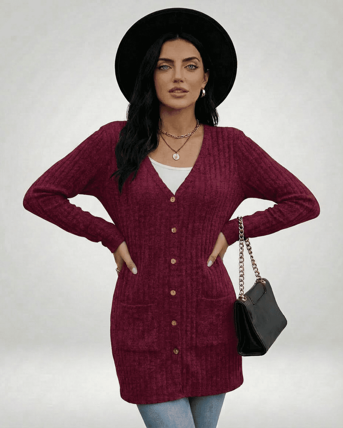 Merlot Cardigan from Lauven, featuring longline silhouette, button-front design, and V-neckline for a polished look.