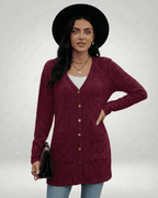 Lauven Merlot Cardigan in rich burgundy with long sleeves and button-front design, perfect for casual styling.