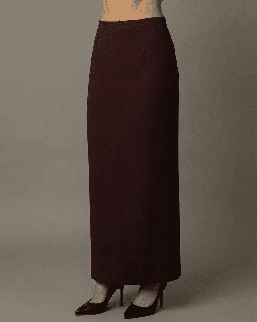 Merlot Maxi Skirt by Lauven featuring a high-waisted straight silhouette and elegant slit.