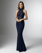 Midnight Maxi Dress by Lauven – Navy halter neck dress with lace bodice and sleek silhouette.