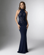 Midnight Maxi Dress by Lauven, navy halter neck design featuring lace bodice and sculpted bodycon silhouette.