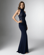 Midnight Maxi Dress by Lauven, navy halter neck dress with lace bodice and open back, perfect for elegant occasions.