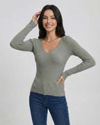 Milan Pullover - Lauven Women's V-Neck Slim Fit Sweater in Gray with Long Sleeves
