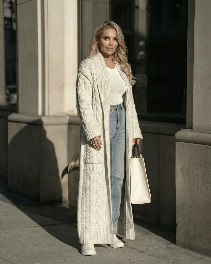 Milano Cardigan styled with denim and a white top, showcasing Lauven's elegant long cable-knit design.