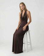 Mocha Maxi Dress by Lauven, elegant halter neck slip dress with open back design.