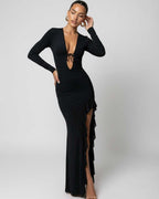Monaco Maxi Dress by Lauven, black maxi dress with deep V-neck, ruffle high slit, made from smooth stretch fabric.