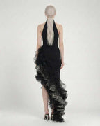 Monaco Maxi Dress by Lauven, black halter neck dress with asymmetrical ruffle detailing from the back.