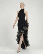 Monaco Maxi Dress by Lauven - Black Halter Neck Asymmetrical Ruffle Maxi Dress with Dramatic Design