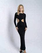 Monaco Maxi Dress by Lauven, black long sleeve cut out maxi dress, sculpted ankle-length silhouette.