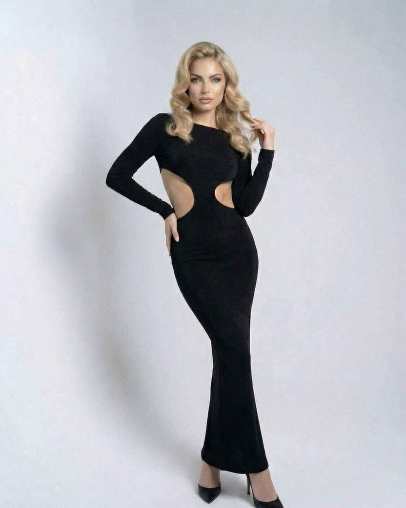 Monaco Maxi Dress by Lauven featuring a black long sleeve cut out design, smooth body-skimming fit, and minimalist style.