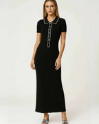 Monaco Maxi Dress by Lauven - Women’s black ribbed knit maxi dress with button-front and collar detail.