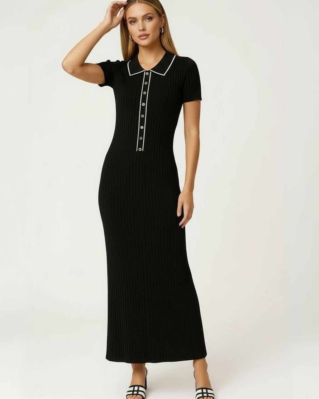 Monaco Maxi Dress by Lauven - Women's black ribbed knit maxi dress with button-front detail and structured collar.