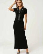 Monaco Maxi Dress by Lauven - Women's black ribbed knit maxi dress with button-front detail and structured collar.