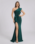 Monaco Maxi Dress by Lauven – Green One Shoulder Satin Maxi Dress featuring a high slit and elegant design.