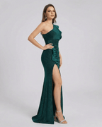 Monaco Maxi Dress by Lauven – Green One Shoulder Satin Maxi Dress with High Slit and Sculpted Structure.