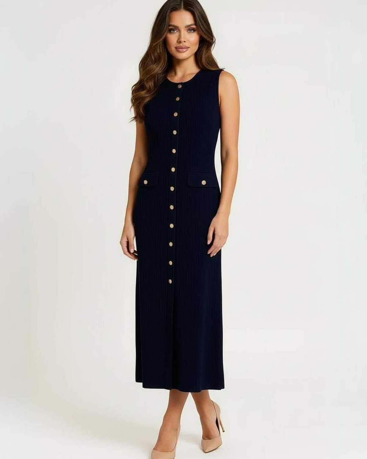 Monaco Midi Dress - Women's navy midi dress by Lauven featuring gold button front and sleeveless design.